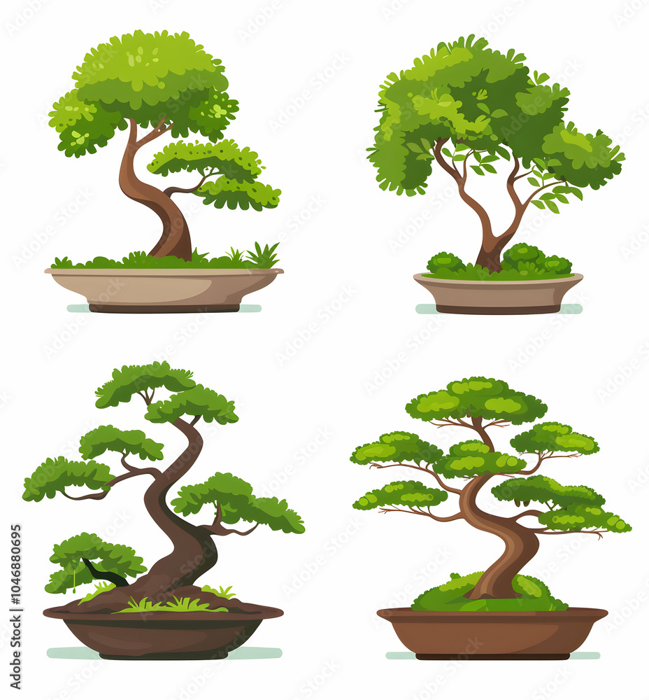 Poster a set of four cartoon illustrations of bonsai trees in pots, each with different shapes and sizes.