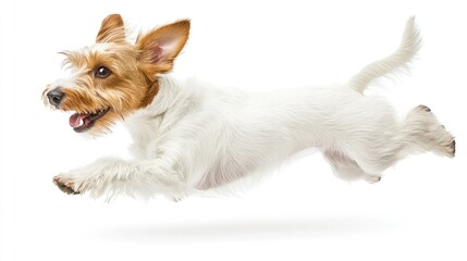 A dog running joyfully across a field, isolated on white background.