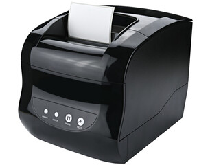 Bar code thermal transfer label printer isolated on a transparent background. Completely in focus.