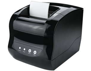 Bar code thermal transfer label printer isolated on a transparent background. Completely in focus.