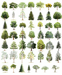 Fototapeta premium Collection of 40 different types of trees, including oak, pine, maple, birch, spruce, and willow trees.