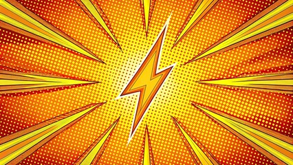 Fototapeta premium Stream of yellow orange lightning strike on half vintage comic book pattern pop art background
