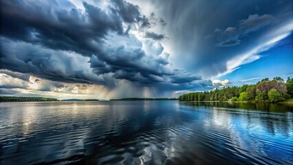 Fototapeta premium Stormy weather at lake with dark clouds during rainy season, tilted angle