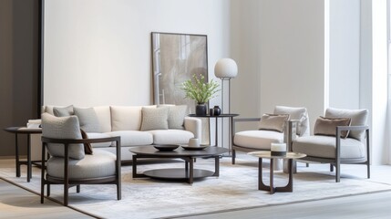 Fototapeta premium A contemporary and sophisticated lounge design with a white canvas backdrop, Showcasing carefully arranged, minimalist furniture