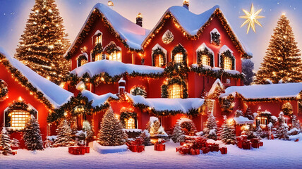 Fototapeta premium Christmas Harmony in a Magical Winter Village with Festive Wonder, Glittering Trees, and Cozy Lights, Where Unique Details Enhance the Holiday Landscape and Spark Imagination