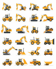 Set of 20 flat yellow construction equipment icons isolated on white.