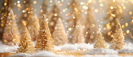 Festive Christmas background with golden trees and snow, a white and gold color palette, Christmas decorations, Christmas tree ornaments, snow falling on the ground, Generative AI