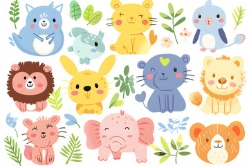 Fototapeta premium A set of 12 cute cartoon animals with a watercolor style on a white background.