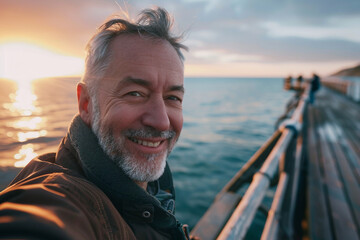 Obraz premium Elegant young man walking on the bridge during sunset generative AI