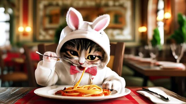 ウサ耳の服を着た猫がパスタをがむしゃらに食べる