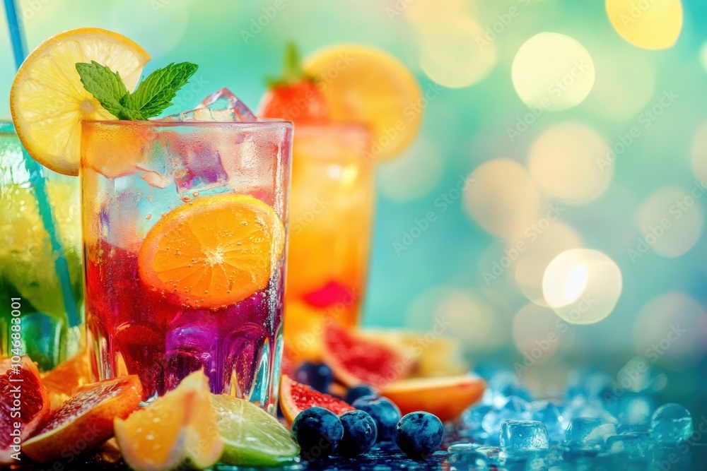 Aufkleber colorful cocktails with citrus fruit slices and snacks are arranged on a table, creating a vibrant a