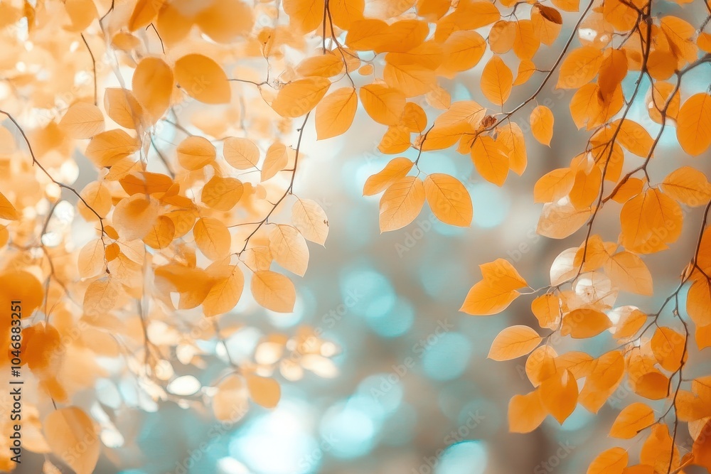 Poster a close-up shot of yellow leaves on a tree branch with a blurred background of blue sky and bokeh.