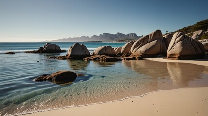A serene beach with calm turquoise water, smooth white sand, and large rounded rocks on a sunny day, with distant mountains in the background.