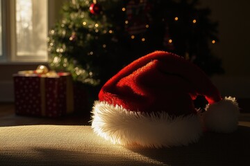Obraz premium A Santa Hat Resting on a Couch with a Blurred Christmas Tree and Present in the Background