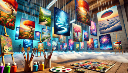 Fototapeta premium Dreamlike Artist Studio with Floating Canvases