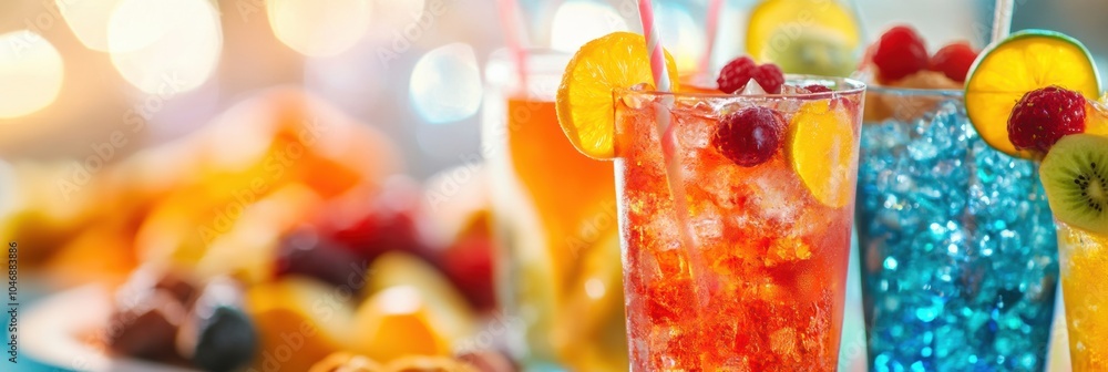 Poster cocktails in vibrant colors are paired with an array of snacks and fresh fruits, perfect for a livel