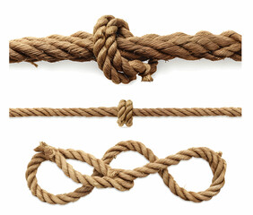 Obraz premium Three different types of knots tied with thick brown rope, isolated on white background.