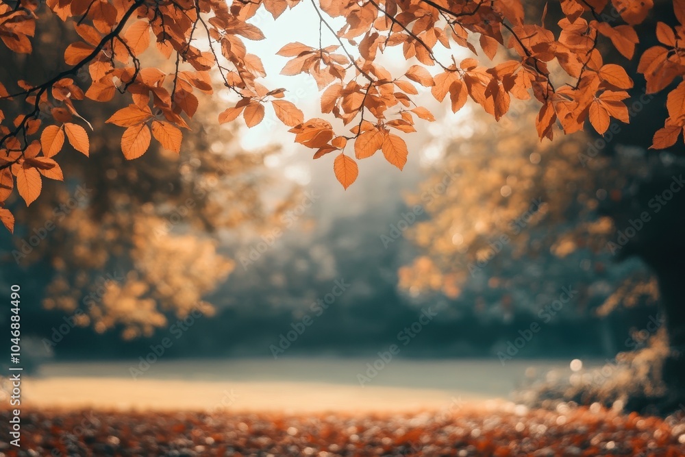 Poster a close-up view of red and orange leaves on a tree branch with a blurred background of a forest floo
