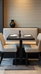 modern dining setup featuring compact square table with soft cushioned chairs, perfect for intimate meals. elegant design and neutral tones create warm atmosphere