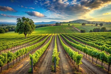 Fototapeta premium Vineyard landscape with rows of grapevines and a few trees in the background, countryside scenery, lush vegetation, botanical garden