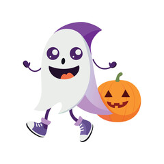 Cute Halloween ghost and pumpkin characters walking together, perfect for festive designs