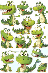 Fototapeta premium A set of cartoon crocodile illustrations in various poses and expressions.