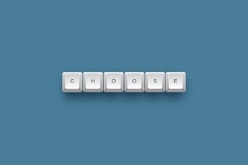 3D illustration of white keyboards with the word "choose" on a blue background