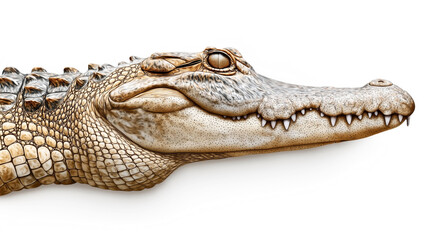 Obraz premium Detailed close-up illustration of a crocodile's head and upper body, showing textured scales, sharp teeth, and a prominent eye against a white background.