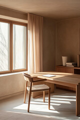 Fototapeta premium serene Scandinavian style minimalist workspace featuring wooden desk and chair, bathed in natural light from large window. warm tones and simple design create calming atmosphere