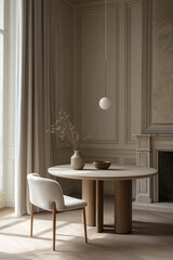 Minimalist round table with upholstered chair in serene interior. soft color palette and natural materials create calming atmosphere, perfect for modern living