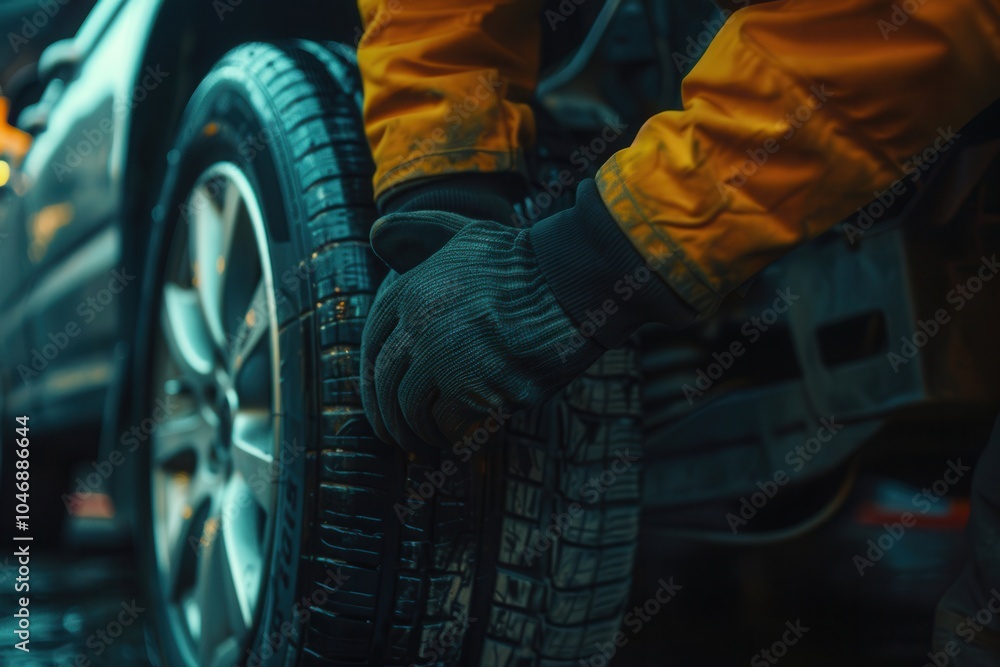Poster A worker is changing a tire on a car while wearing gloves and a moisture-resistant jacket in wet conditions. Generative AI