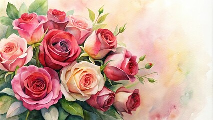 watercolor painting of a bouquet of pink and red roses