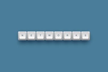3D illustration of white keyboards with the word "networks" on a blue background