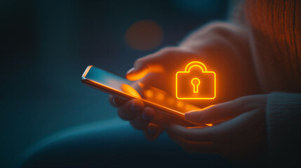 Hands of a woman holding a mobile phone, with a glowing digital safe lock icon - symbol of secure online payment