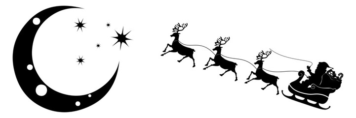 santa claus and moon silhouette in sleigh with reindeers christmas