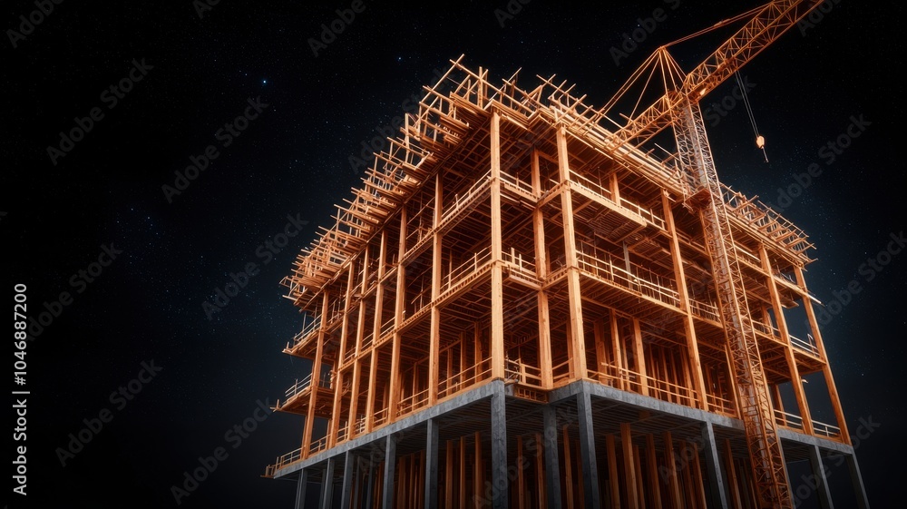 Poster a nighttime view of a construction site featuring a partially built structure with a crane, showcasi