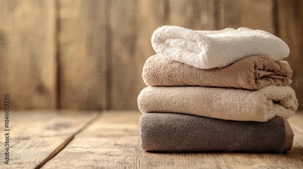 Poster fluffy towels in calming neutral shades are perfectly arranged on a wooden surface, adding a touch o