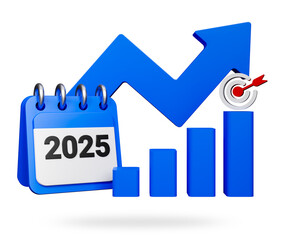 target icon and year numbers 2025 on blue calendar isolated on white background, implementation of business goals plan, development to achieve goals and success. 3d render

