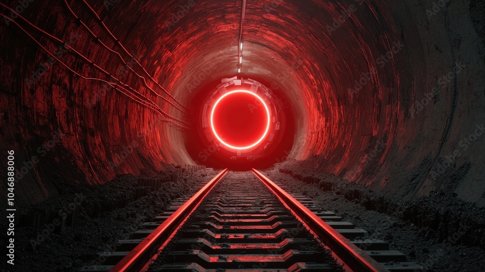 Poster a dark tunnel with illuminated red light at the end, showcasing railway tracks extending toward the 