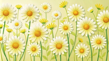 Obraz premium Whimsical daisy pattern featuring yellow petals and green stems, cheerful motifs, floral patterns, sunny disposition, whimsical design