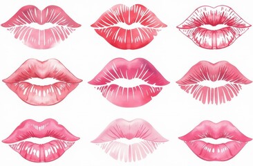 Creative pattern made with red kisses on pastel pink background. Romantic fashion concept with kiss print and lipstick. Makeup or Valentines day idea.