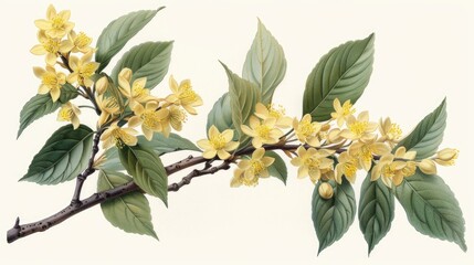 A branch of osmanthus with yellow flowers and green leaves, hand drawn style vintage illustration on white background
