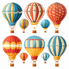 Obraz premium A collection of nine colorful cartoon hot air balloons, isolated on white background.