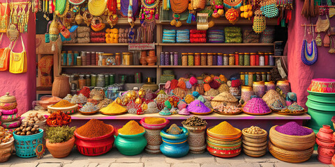 Fototapeta premium A colorful Indian market stall, overflowing with spices, jewelry, and handicrafts, beckoning shoppers with its bright colors and aromas.