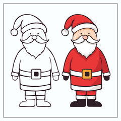 Santa Claus doodle illustration. Colored and outline set of Christmas character for stickers, logo, coloring book page printable activity worksheet for kids, decoration, design