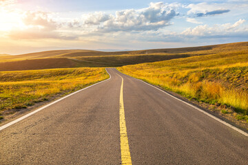 Asphalt road highway and beautiful grassland nature landscape in autumn. Road trip.