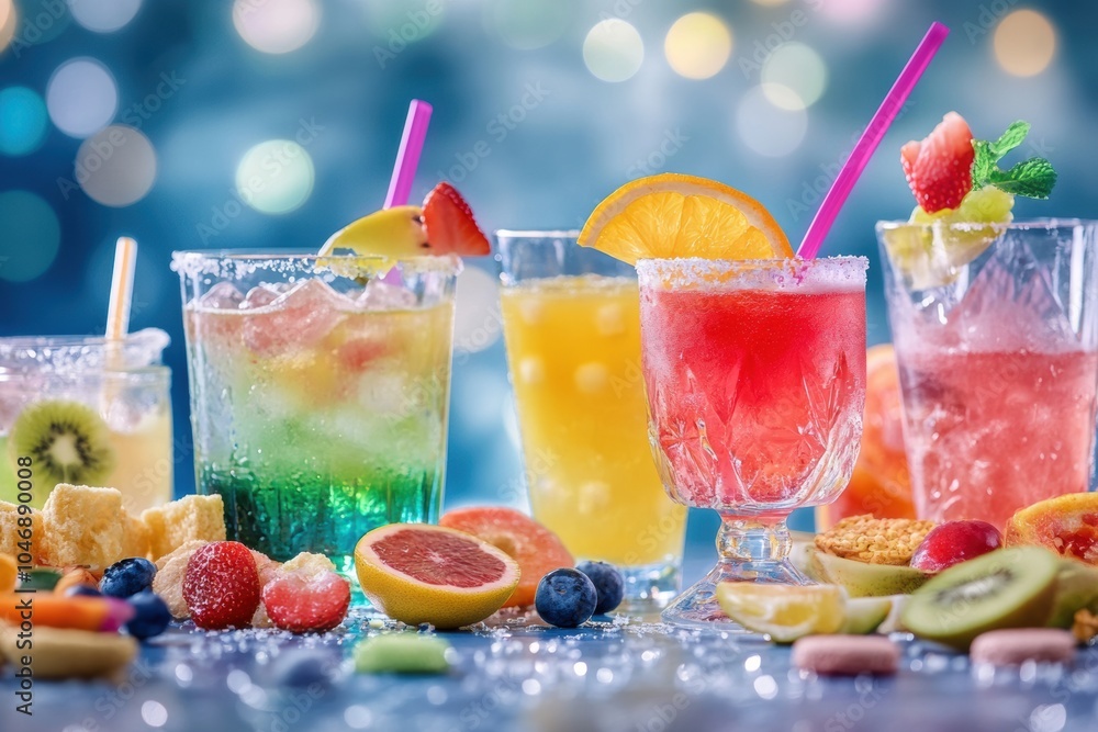 Poster bright cocktails lined up on a table, accompanied by delicious snacks and fruit, create a joyful sum