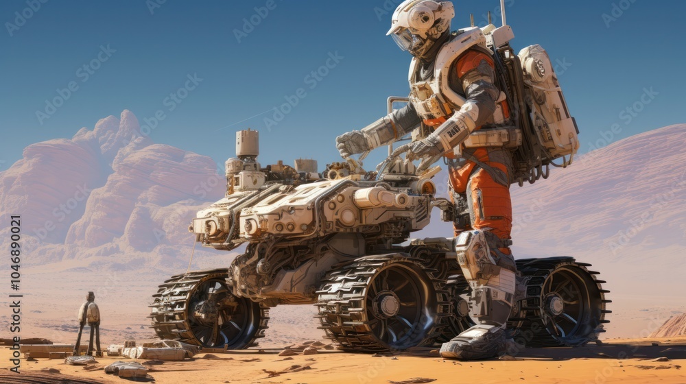 Poster space engineer inspecting a prototype rover designed for mars exploration.