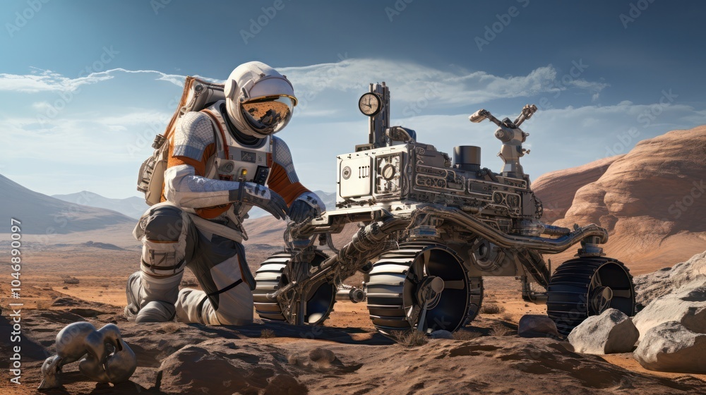 Poster space engineer inspecting a prototype rover designed for mars exploration.