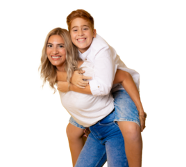 Portrait of young mother and son against transparent background, looking at camera